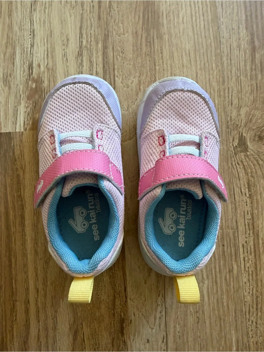 See Kai Run toddler Pastel Pink Athletic Sneakers with Yellow Pull Tab